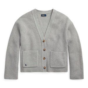 Polo Ralph Lauren Ribbed-Knit V Neck Wool Cardigan Grey Size XL
